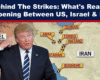 Donald Trump stands in front of a regional map showing Iran and Israel, symbolising U.S. involvement in Middle East conflict.