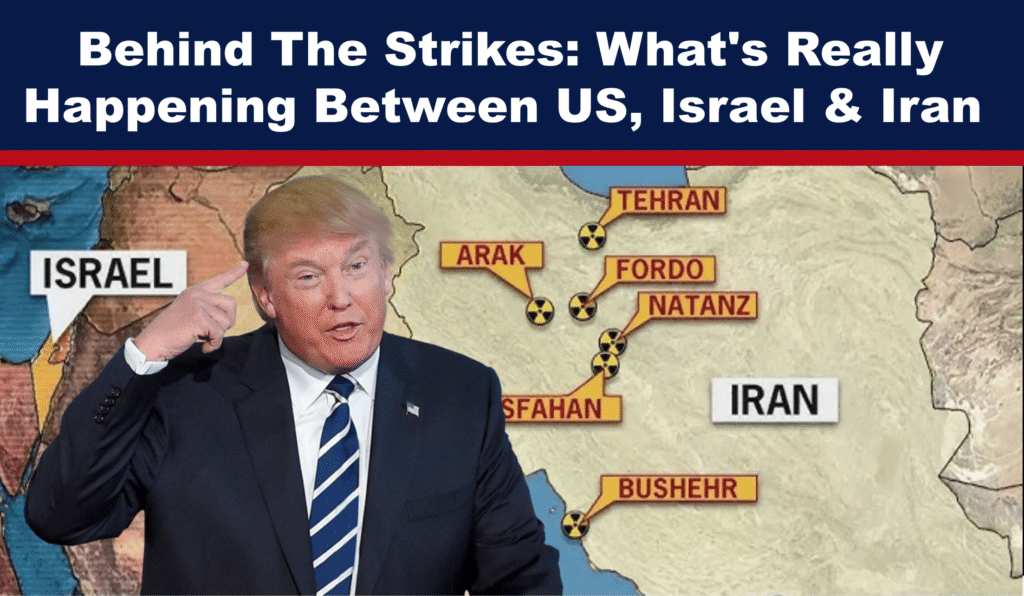 Donald Trump stands in front of a regional map showing Iran and Israel, symbolising U.S. involvement in Middle East conflict.