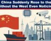 Illustration showing China’s influence over global infrastructure, with elements like container ships, cranes, surveillance cameras, semiconductors, skyscrapers, and digital servers symbolising China’s expanding control in technology, logistics, and cloud systems.