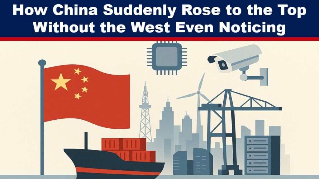 Illustration showing China’s influence over global infrastructure, with elements like container ships, cranes, surveillance cameras, semiconductors, skyscrapers, and digital servers symbolising China’s expanding control in technology, logistics, and cloud systems.