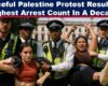 Four British police officers carry a female protester by her arms and legs during a daytime London demonstration, with onlookers and Palestine flags visible in the background.