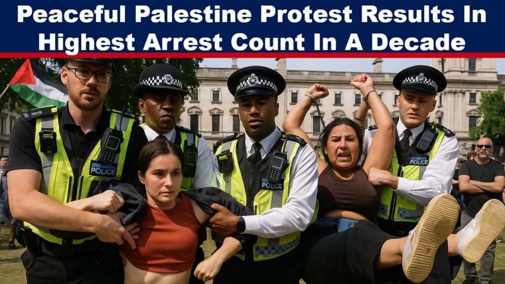 Four British police officers carry a female protester by her arms and legs during a daytime London demonstration, with onlookers and Palestine flags visible in the background.