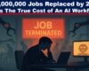 A digital illustration titled “AI JOB DISRUPTION” shows a lone office worker sitting at a desk in a darkened office, surrounded by glowing robotic arms and screens. A red “Job Terminated” notice flashes behind them, while silhouettes of automated machines replace human workers in the background. The scene is futuristic but grim, evoking themes of automation, job loss, and technological displacement.