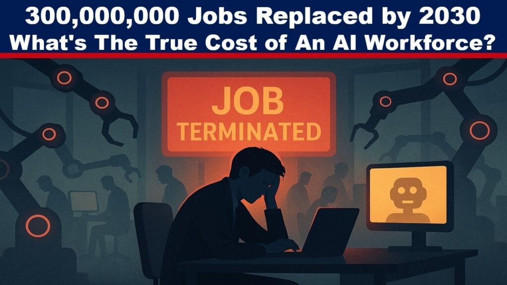A digital illustration titled “AI JOB DISRUPTION” shows a lone office worker sitting at a desk in a darkened office, surrounded by glowing robotic arms and screens. A red “Job Terminated” notice flashes behind them, while silhouettes of automated machines replace human workers in the background. The scene is futuristic but grim, evoking themes of automation, job loss, and technological displacement.
