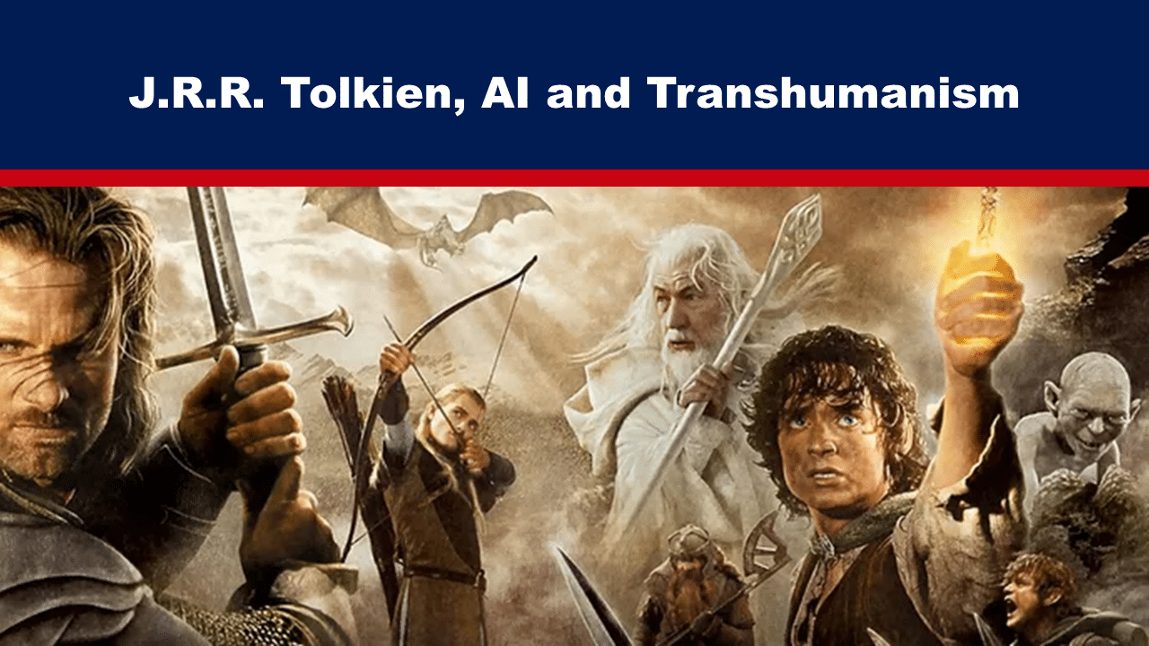 Expose News Fantasy characters depicted with weapons and magic, showcasing J.R.R. Tolkien's influence. Text: "J.R.R. Tolkien, AI and Transhumanism."