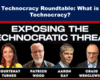 Expose News Technocracy roundtable discussion image titled "Exposing the Technocratic Threat," featuring four panelists discussing technocracy issues.
