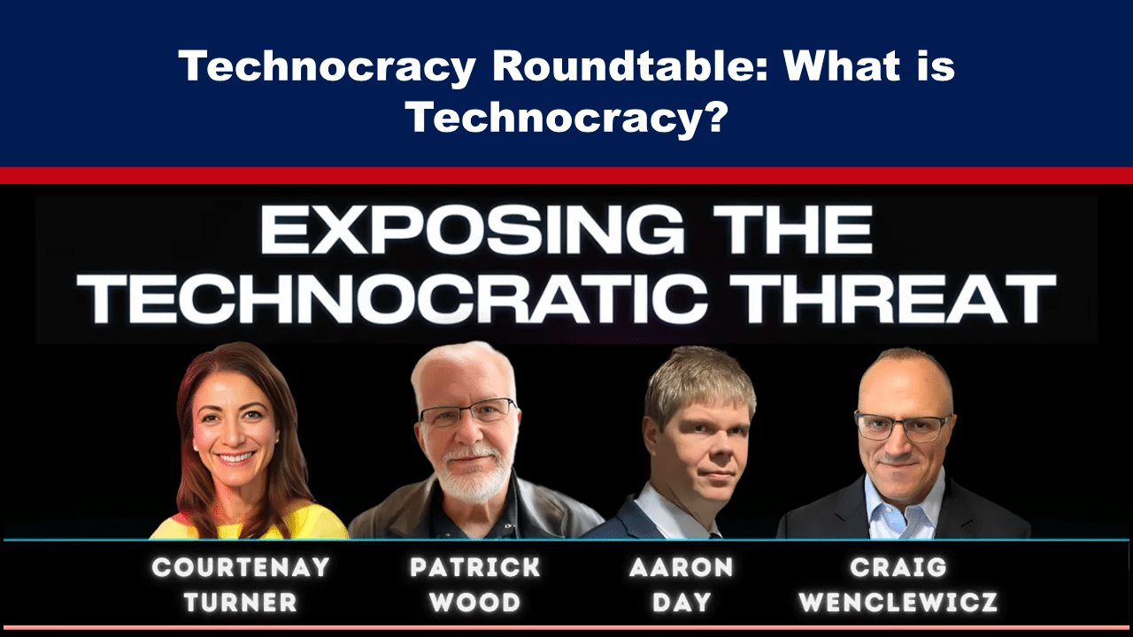 Expose News Technocracy roundtable discussion image titled "Exposing the Technocratic Threat," featuring four panelists discussing technocracy issues.