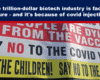 Expose News Protest sign with anti-vaccine messages opposing COVID-19 vaccines, highlighting perceived biotech industry failures.