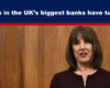 Expose News UK banks shares drop headline above a woman speaking, British flag visible, wood background. Financial news concept.
