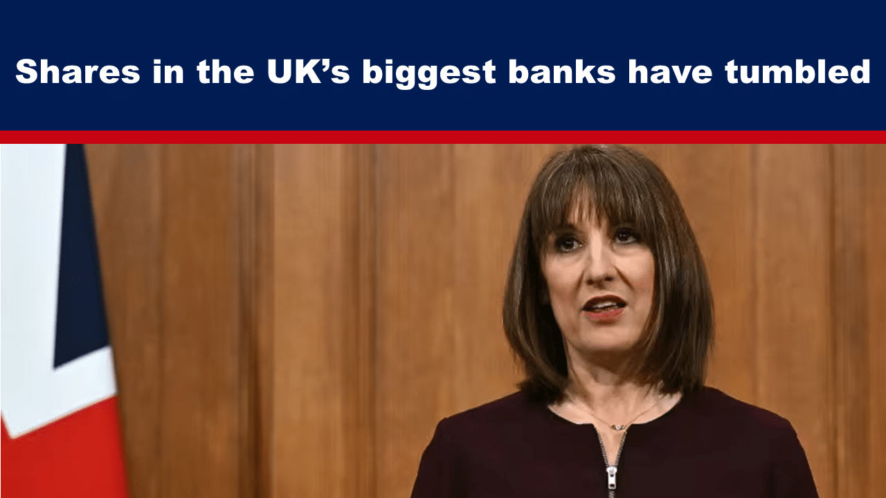 Expose News UK banks shares drop headline above a woman speaking, British flag visible, wood background. Financial news concept.