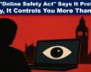 Silhouette of a person facing a laptop with an eye symbol on screen, set against a red backdrop with the UK Parliament in shadow, symbolising government surveillance and digital censorship.