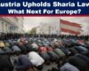 A group of Muslim men pray in the streets of Vienna while a faded, tattered Austrian flag flies in the background, symbolising national unease.