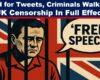 A graphic-style illustration of a man behind prison bars, set against the Union Jack flag. He looks downcast and trapped, while a large speech bubble reads “‘FREE’ SPEECH?”, highlighting the tension between freedom of expression and imprisonment in the UK.