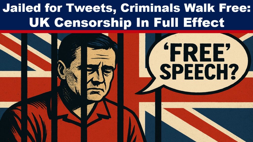 A graphic-style illustration of a man behind prison bars, set against the Union Jack flag. He looks downcast and trapped, while a large speech bubble reads “‘FREE’ SPEECH?”, highlighting the tension between freedom of expression and imprisonment in the UK.