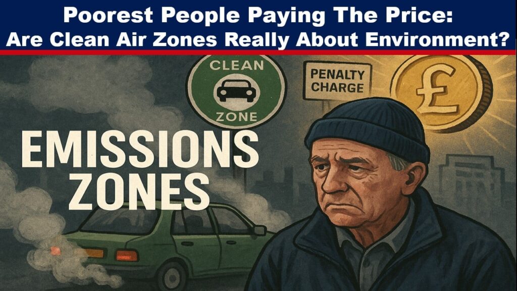 A digital illustration titled “EMISSIONS ZONES” features a distressed elderly man wearing a navy beanie and jacket, standing beside a smoking, old green car entering a designated clean air zone. Surrounding him are symbolic signs: a green “CLEAN ZONE” badge, a yellow “PENALTY CHARGE” notice, and a glowing gold coin with a pound symbol, highlighting the financial burden. The scene has a muted, somber tone with dark smog in the background, conveying themes of economic hardship and environmental enforcement.