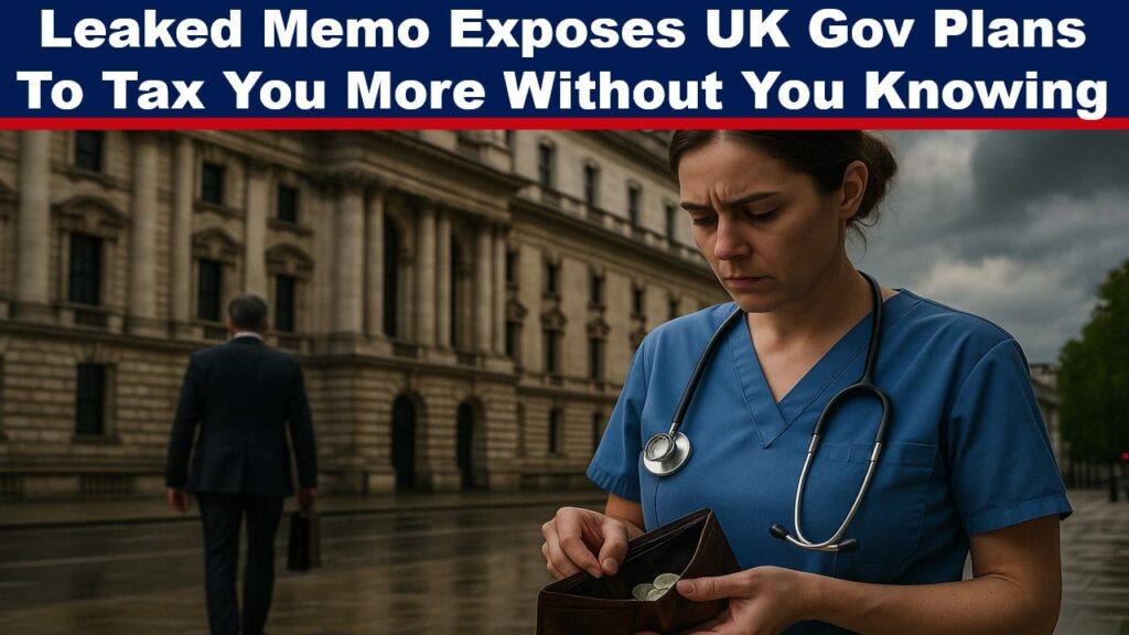 A middle-aged nurse in blue scrubs stands outdoors in front of a large, historic UK government building on a cloudy day. She looks down with concern at the few coins in her brown wallet. In the background, a suited man carrying a briefcase walks away toward the building, his figure blurred, creating a sense of distance and detachment. The wet pavement and overcast sky add to the sombre, uneasy mood.