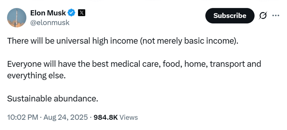 Expose News Tweet discussing universal high income, promising best medical care, food, housing, transport, and sustainable abundance, viewed almost 985K times.