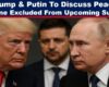 A realistic, dramatic image showing Donald Trump and Vladimir Putin in intense conversation at a formal setting, with Volodymyr Zelensky blurred in the background, symbolizing his exclusion from the talks.