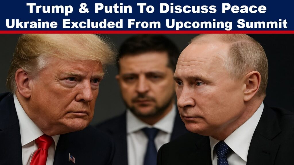 A realistic, dramatic image showing Donald Trump and Vladimir Putin in intense conversation at a formal setting, with Volodymyr Zelensky blurred in the background, symbolizing his exclusion from the talks.