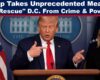 Former U.S. President Donald Trump at a White House press conference, standing at the podium and gesturing with his hand as if pointing a weapon, flanked by officials.