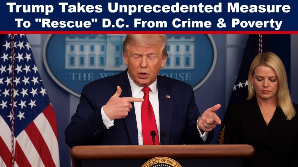 Former U.S. President Donald Trump at a White House press conference, standing at the podium and gesturing with his hand as if pointing a weapon, flanked by officials.
