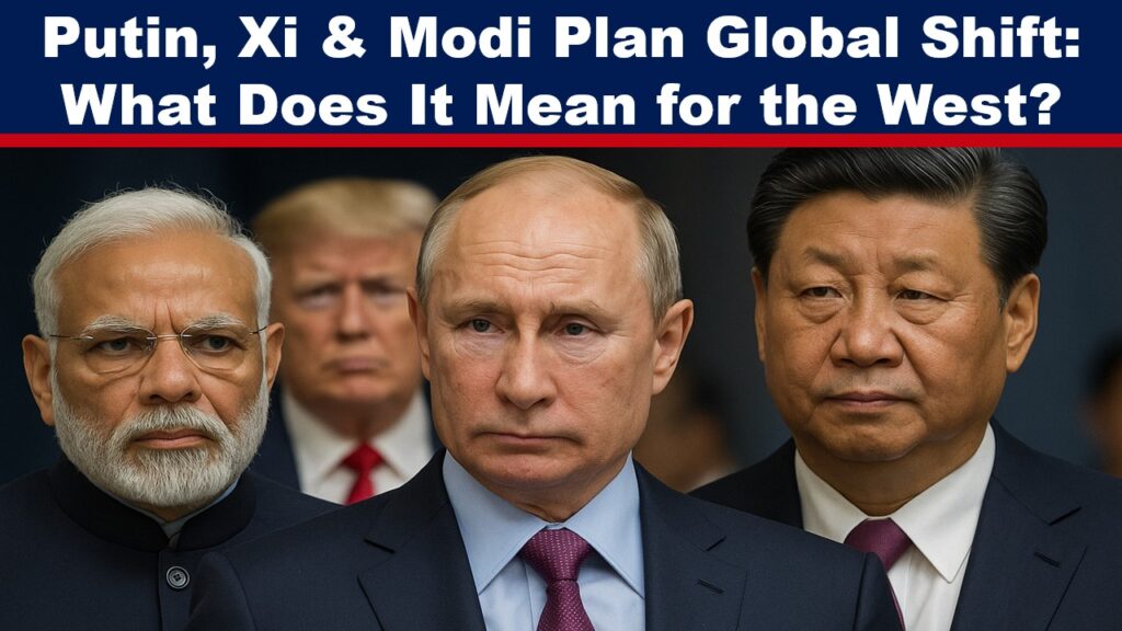 Xi Jinping, Vladimir Putin and Narendra Modi in the foreground at a summit between China Russia and India - Donald Trump slightly blurred in the background hinting at US exclusion.