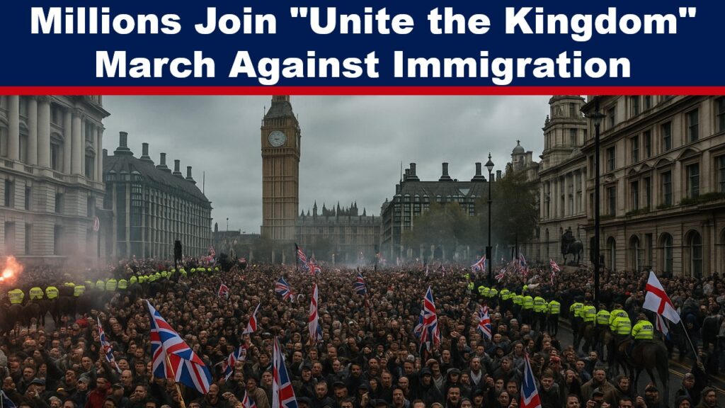 Expose News: Millions protest in London streets for "Fight Back or Die" immigration march, waving flags and standing united near Big Ben.