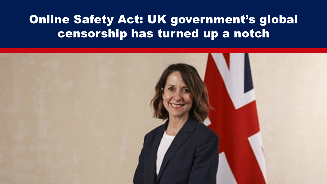 Expose News: Woman smiling in front of UK flag, discussing the Online Safety Act as the government ramps up global censorship measures.