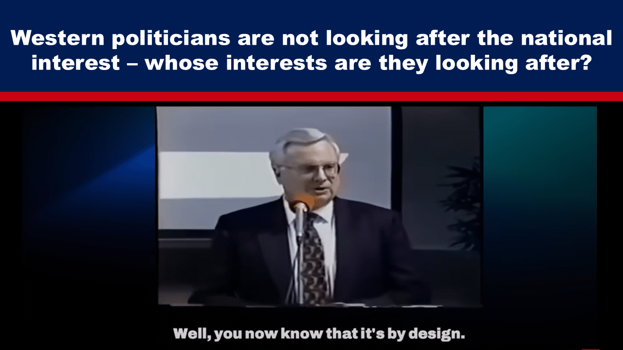 Expose News: Politician at the podium questions Western leaders' true interests, sparking debate on whose interests they're serving.