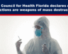 Expose News Scientist in full protective gear holds a syringe against controversial backdrop as World Council for Health Florida stirs up headlines over mRNA claims!