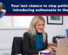Expose News Woman at desk urging action: Your last chance to stop politicians from bringing euthanasia to the UK! Get involved today!