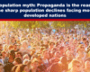 Expose News: Crowded city scene challenging the overpopulation myth and exploring propaganda's role in declining populations in developed nations.