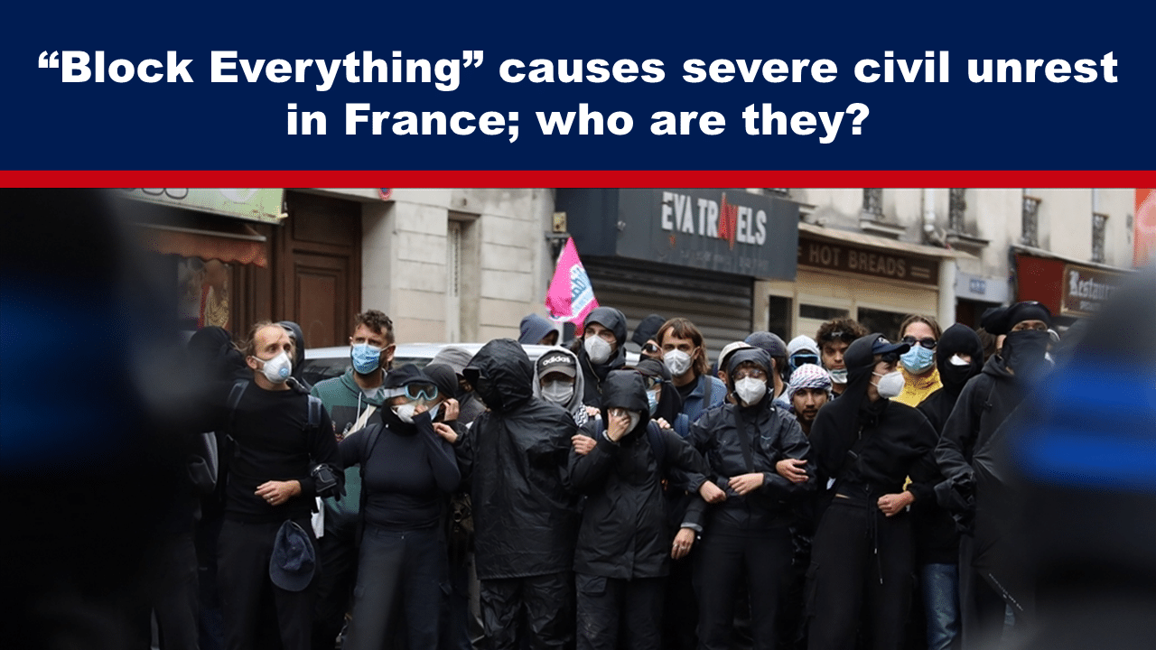 Expose News: Crowd of masked protesters in France amid "Block Everything" civil unrest, sparking curiosity about their identity and motives.