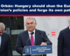 Expose News: Viktor Orbán speaks at a podium, advocating for Hungary to shun EU policies and forge its own path, capturing a bold political stance.