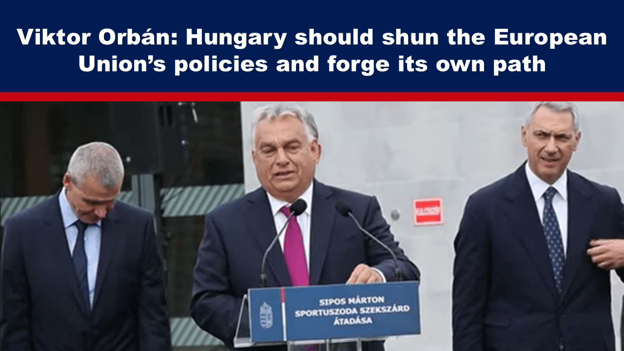 Expose News: Viktor Orbán speaks at a podium, advocating for Hungary to shun EU policies and forge its own path, capturing a bold political stance.
