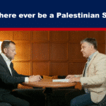 Expose News: Two men engaged in a lively discussion about the future of a Palestinian State, surrounded by bookshelves.