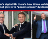Expose News: Politicians shaking hands and giving thumbs up, discussing Starmer's digital ID. Avoid the "papers please" dystopia unfolding.