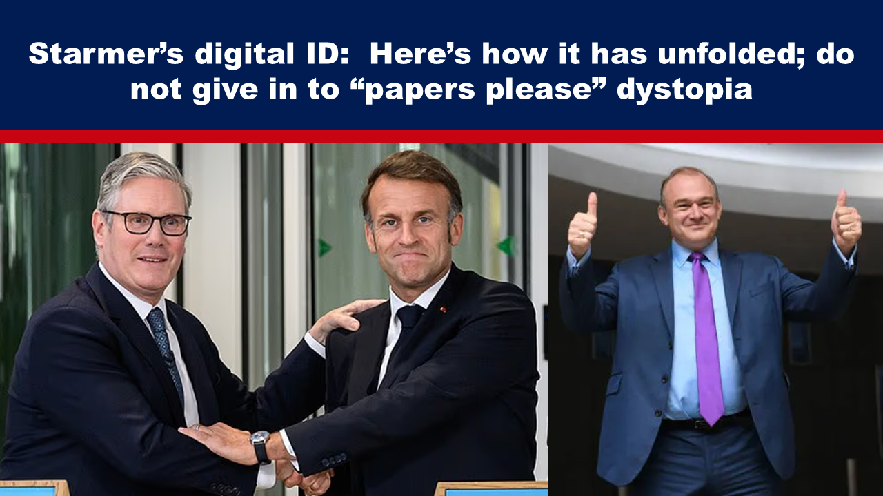 Expose News: Politicians shaking hands and giving thumbs up, discussing Starmer's digital ID. Avoid the "papers please" dystopia unfolding.
