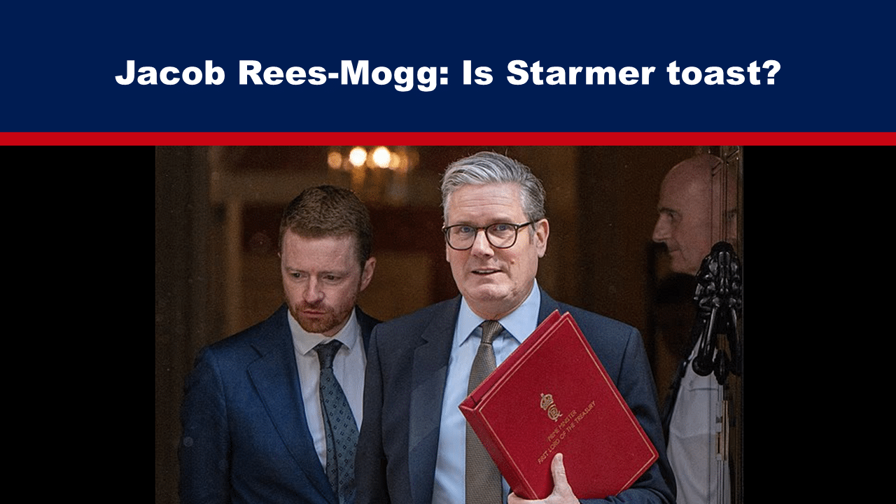 Expose News: Jacob Rees-Mogg ponders political future with "Is Starmer toast?" headline, men in suits with red document.