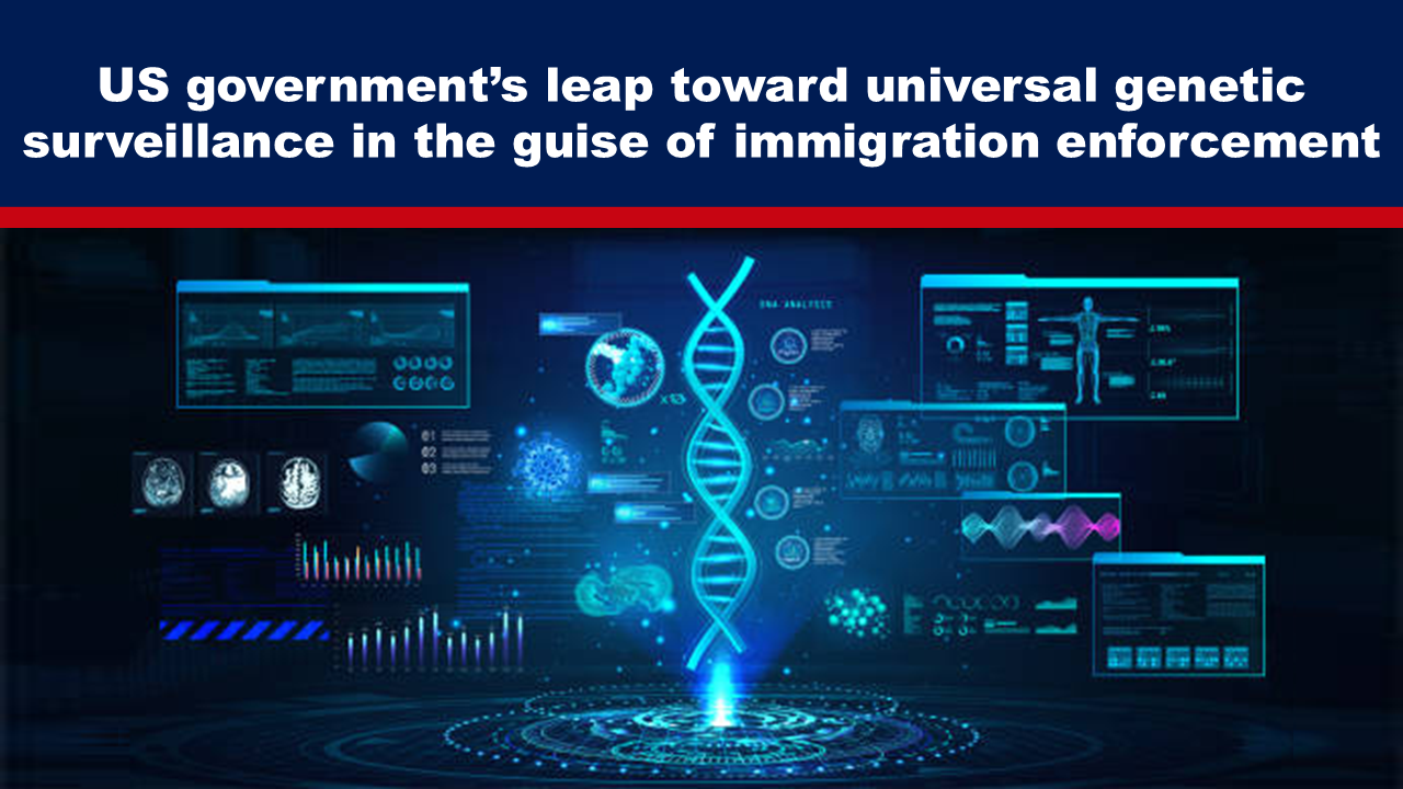 Expose News: High-tech scene depicting the US government’s leap toward universal genetic surveillance under immigration enforcement.