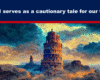 Expose News: Dramatic depiction of the Tower of Babel amidst swirling clouds, symbolizing a cautionary tale for our times with vibrant, surreal colors.