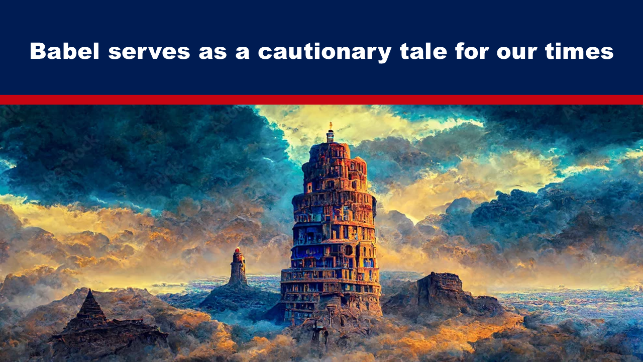 Expose News: Dramatic depiction of the Tower of Babel amidst swirling clouds, symbolizing a cautionary tale for our times with vibrant, surreal colors.