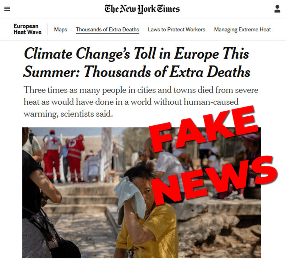 Expose News: The New York Times sparks debate with alleged false climate crisis narrative in Europe, labeled 'Fake News'.
