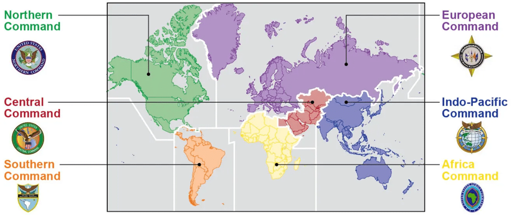 Expose News: World map showing US Department of Defense global commands during the COVID crisis coordination. Northern, Central, Southern, European, Indo-Pacific, Africa.