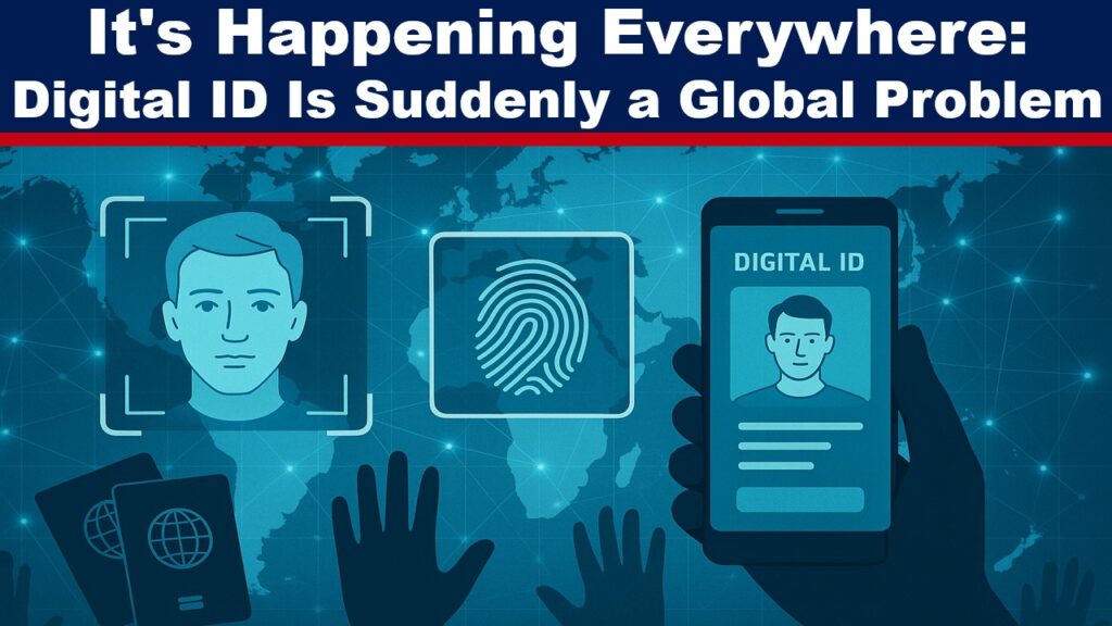 Expose News: Digital ID rolling out globally, once a "conspiracy," now reality; biometric symbols and phone illustration fuel the debate.