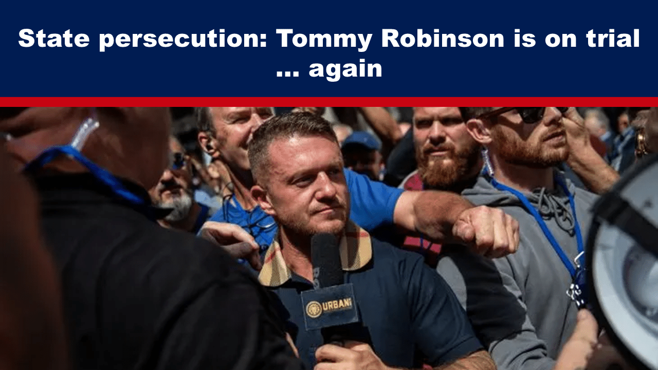 Expose News: State persecution drama unfolds as Tommy Robinson faces trial again, surrounded by a crowd of reporters and onlookers.