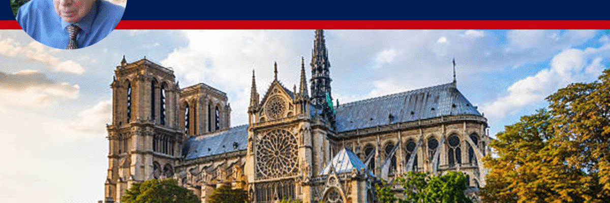 Expose News: Man enjoying the soulful benefits of cathedral building, with a stunning view of a majestic cathedral, proving craftsmanship lifts the spirit.