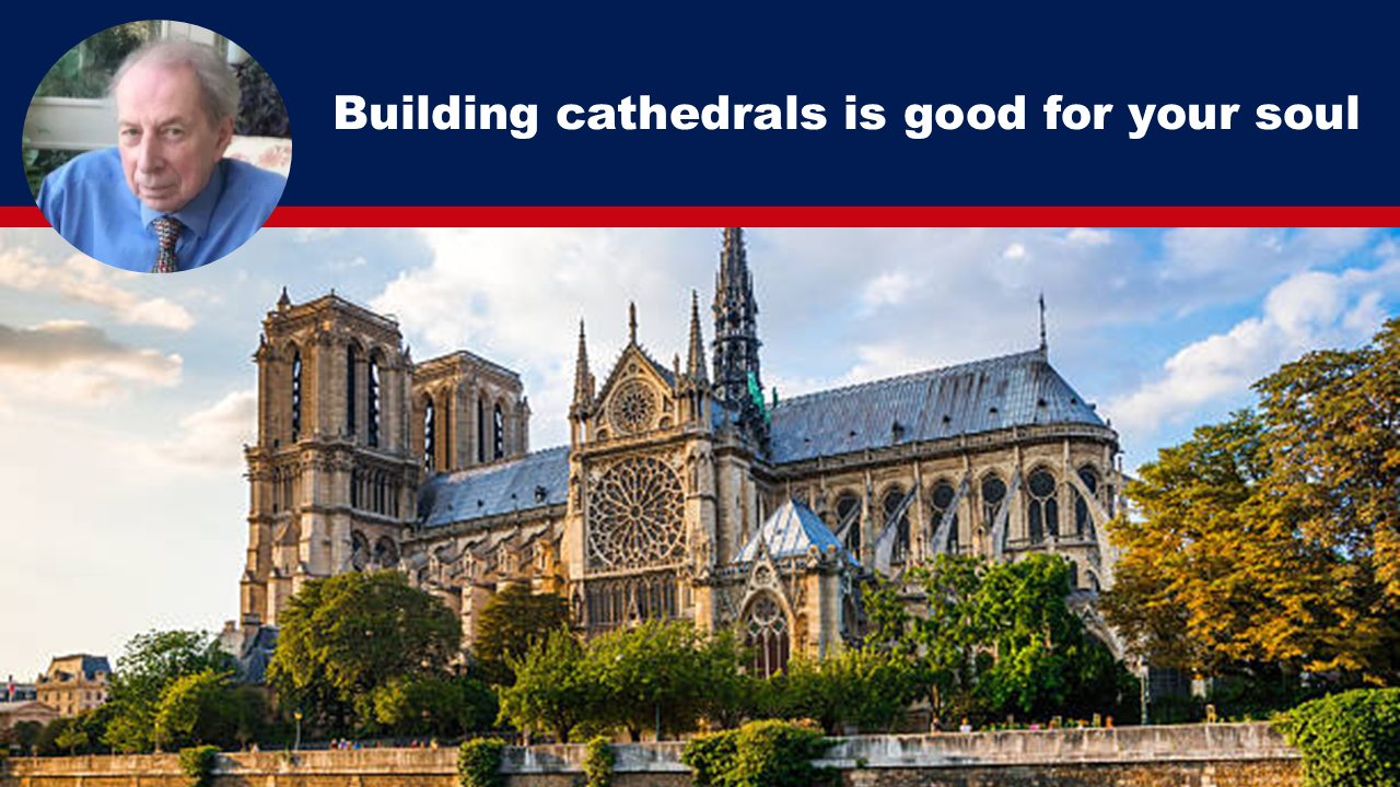 Expose News: Man enjoying the soulful benefits of cathedral building, with a stunning view of a majestic cathedral, proving craftsmanship lifts the spirit.