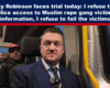 Expose News: Man in suit on bus, resolute expression, with headline about refusing police access to information on Muslim rape gang victims, determined to protect them.