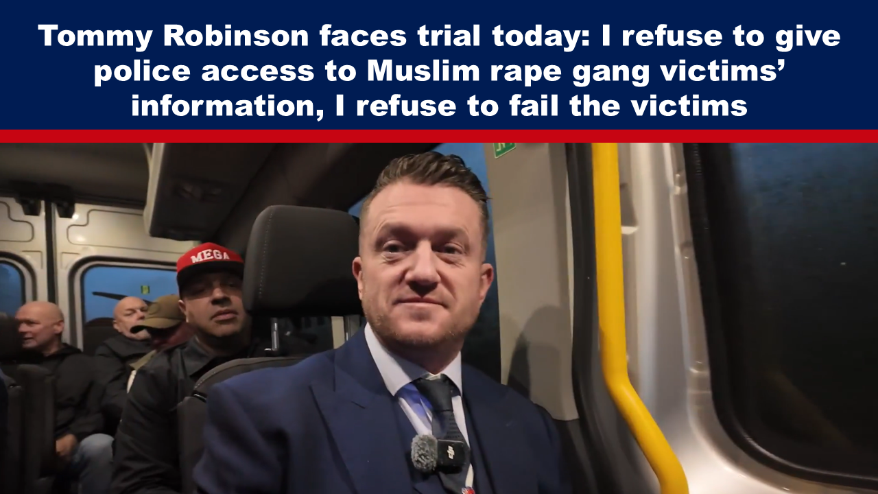 Expose News: Man in suit on bus, resolute expression, with headline about refusing police access to information on Muslim rape gang victims, determined to protect them.